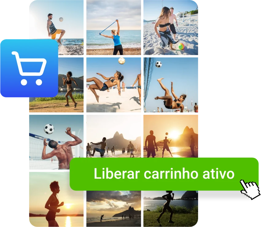 Álbum de fotos de praia com o botão Liberar carrinho ativo