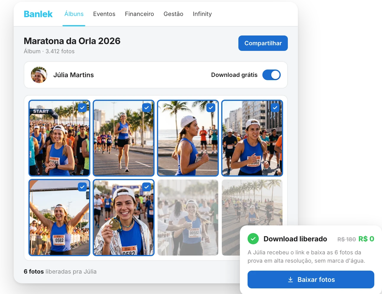 Painel da Banlek com o download grátis ativado para a cliente Júlia no álbum Maratona da Orla 2026: 6 fotos liberadas e aviso de download liberado