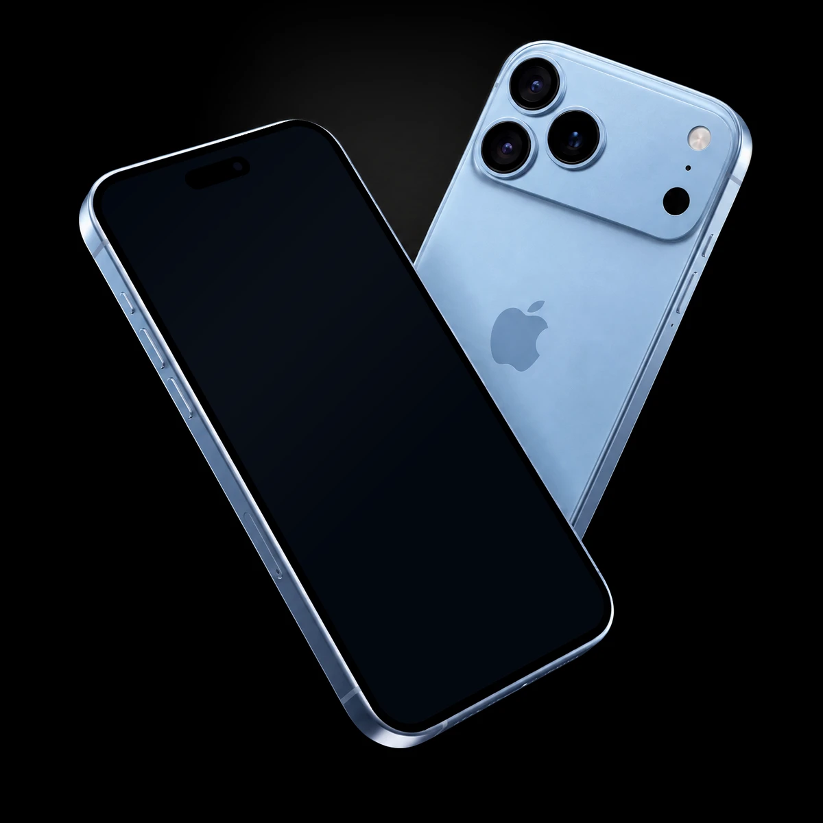 Dois iPhone 18 Pro na cor glacial flutuando em diagonal, um de frente e um de costas