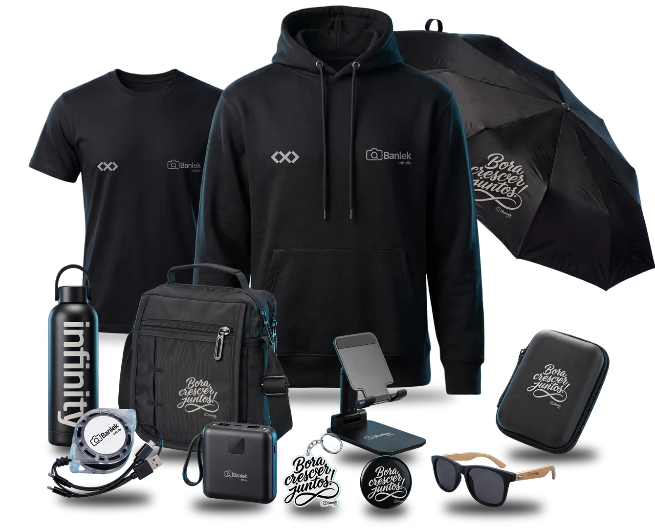 Os 12 itens do Kit Infinity: camiseta, moletom, guarda-chuva, garrafa, bolsa, suporte de celular, case, cabo 3 em 1, power bank, chaveiro, botton e óculos