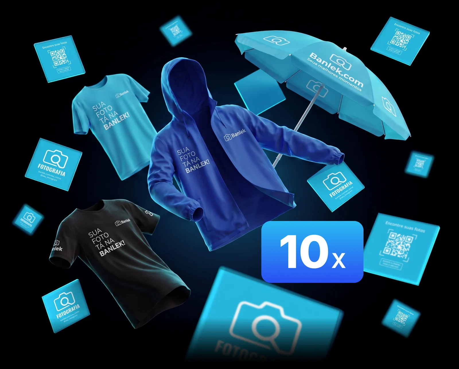 Key visual do plano de metas: corta-vento, camisetas e guarda-sol Banlek flutuando, com uma trilha de cartões de visita com QR code e o selo 10X de pontos